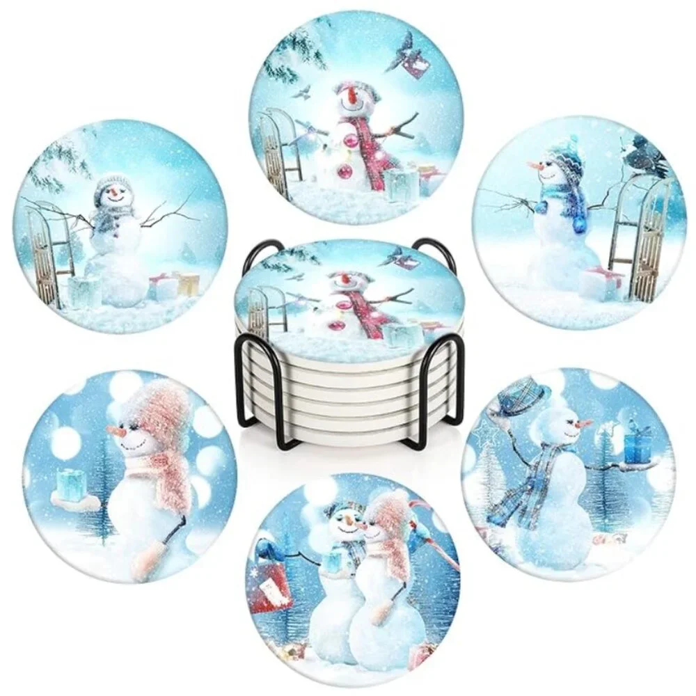 Stone Christmas Coaster, Set of 6, Happy Snowman Winter Landscape - Picture 1 of 7